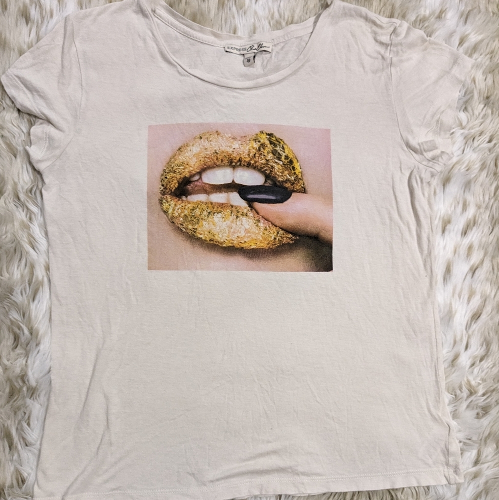Express One Eleven White Shirt Gold Lip size Extra Small